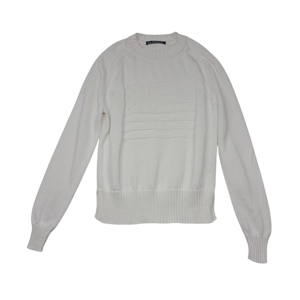 Alashan Sweater Womens XS White American Flag Cotton Cashmere Crewneck Patriotic